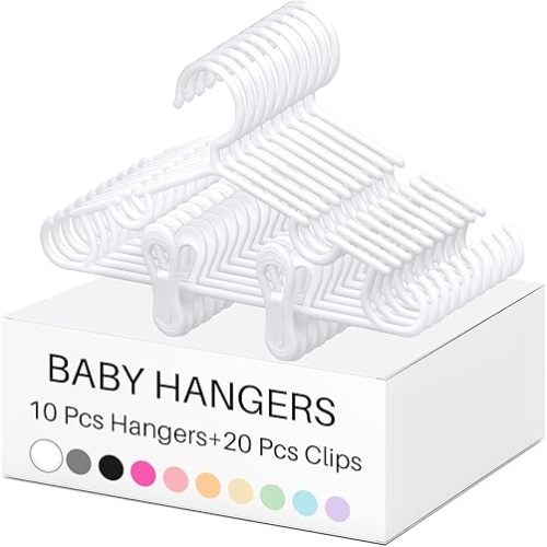 Hsei 5/10/40 Pack Baby Hangers with 10/20/80 Clips Plastic Kids Pants Hanger for Newborn Nursery/Daycare/Preschool Closet/Wardrobe Organizer Baby Shower Party(30 Packs Total,White,10.6 Inch)