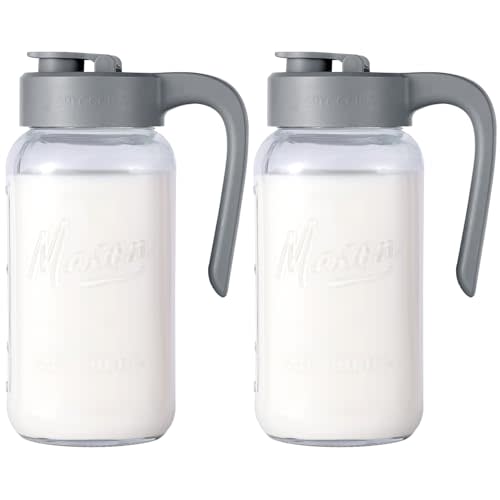 Mason Jar Pitcher - Airtight & Leakproof Glass Pitcher with Lid, Perfect for Breastmilk, Cold Brew, and Sun Tea, 2 Quart (64 oz) Mason Jar with Pour Spout Lid