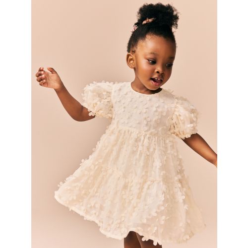 Ecru White Short Sleeve 3D Flowers Dress (3mths-8yrs)