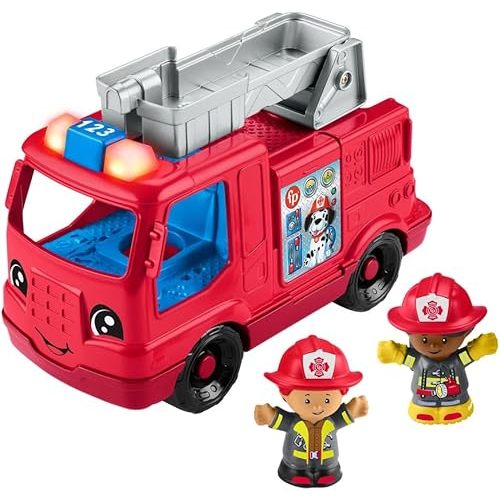Fisher-Price Little People Toddler Toy Fire Truck Musical Push-Along Vehicle with 2 Figures for Pretend Play Ages 1+ Years