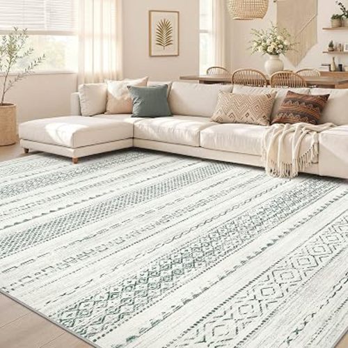 Nakagishi Green Rug Living Room 6x9: Washable Boho Large Neutral Farmhouse Soft Area Rugs Modern Stain Resistant Moroccan Indoor Non-Slip Floor Carpet for Bedroom Nursery Playroom Office Dining Room
