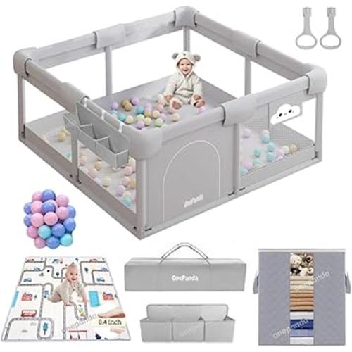 Large Baby Playpen with Mat, 50"x50" with Thickened Anti-Collision Sponge for Babies and Toddlers, with Ocean Balls, Gate, Storage Bag, Playard Gym for Babies, Activity Center, Kids Fence Light Gray