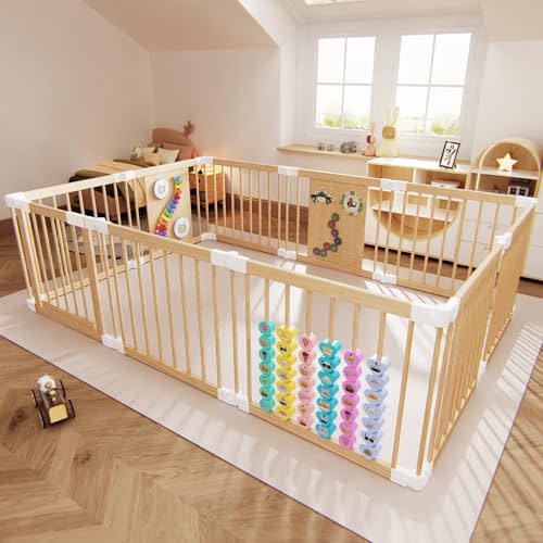 Baby Playpen - Adjustable Multi-Shape Wooden Play Yard, Portable Collapsible Activity Center with Baby Fence Play Area & Toys for Infants, Toddlers (56x84x24inch)