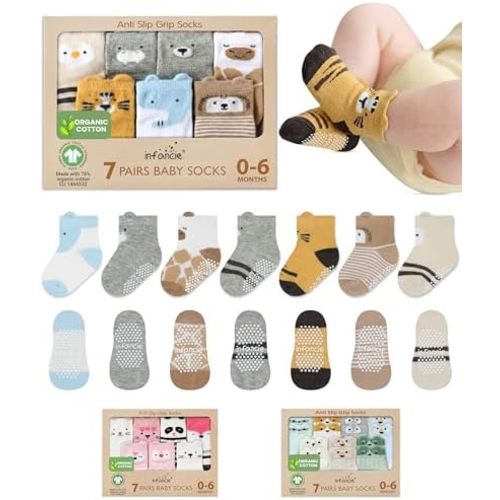 Organic Cotton GOTS Certified Non-Slip Baby Socks 0-6 Months - 7 Pairs Soft Breathable Newborn Socks Animal Design For Infant