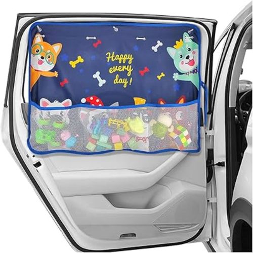 Car Window Shade for Baby, Blackout Car Window Curtain with Storage Pockets & 7 Suction Cups, Cartoon Pattern Cars Side Window Sun Shade Cover for Sun/Heat/UV Rays Protection (Blue-Cute Dogs)