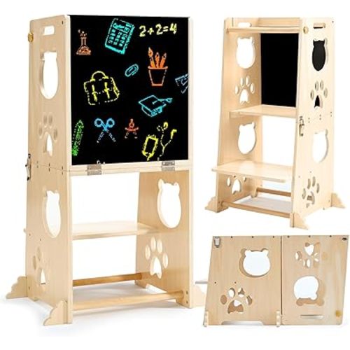 Collapsible Toddler Kitchen Step Stool With Chalkboard, Safety Rail, and Standing Tower for Kids 1-3