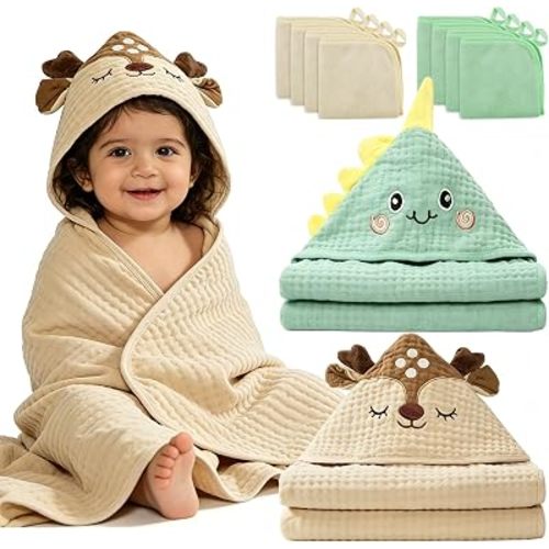 2 Pack Muslin Hooded Baby Bath Towels & 8 Washcloths, 100% Cotton
