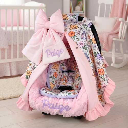 Personalized Winnie The Pooh Baby Car Seat 6pc Set - Embroidered Bow and Minky Liner - Baby Car Seat Accessories - Head Support Insert