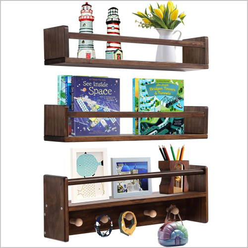 16 Inch Nursery Book Shelves Wall Floating Bookshelf with Hook Deep Walnut Hanging Book Shelf Toddler Room for Kids Room Bedroom Bathroom Living Room Kitchen Set of 3