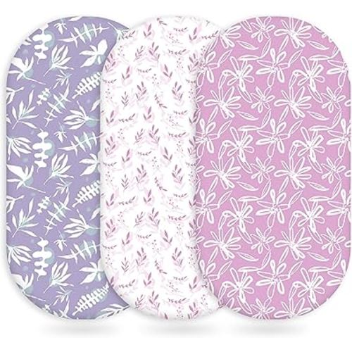 Unnivoll Baby Bassinet Sheets Girl Boy, Fitted Bassinet Sheet Set 3 Pack Bassinet Mattress Sheets Universal Fit for Rectangle, Round, Oval, Hourglass Mattress, Soft Breathable Purple Leaf