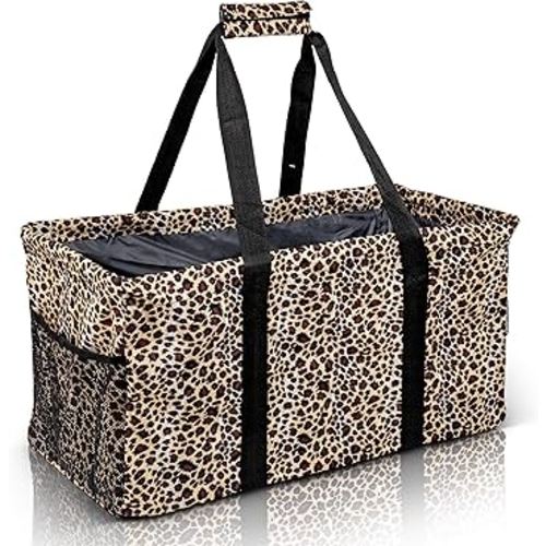 Extra Large Utility Tote Bag - Oversized Collapsible Reusable Wire Frame Rectangular Canvas Basket With Two Exterior Pockets For Beach, Pool, Laundry, Car Trunk, Storage - Leopard