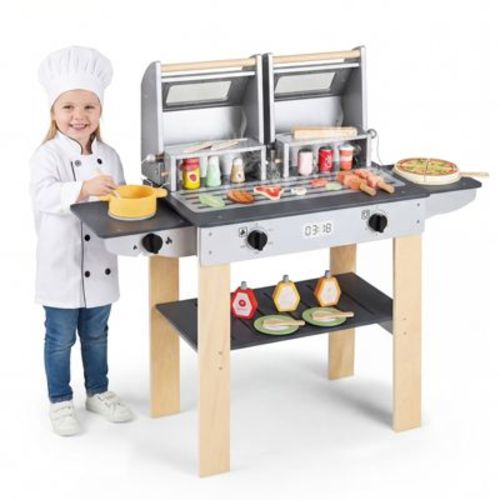 Costway Wooden Kids Barbecue Grill Playset Kids Toy Grill w/ Abundant Grilling Tools