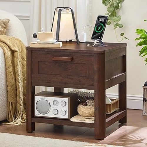Farmhouse Nightstand with Charging Station,19.7" End Table with Drawer,Walnut Night Stand with Open Storage Shelf,Rustic Wood Bed Side Table Dresser for Bedroom, Living Room, Closet