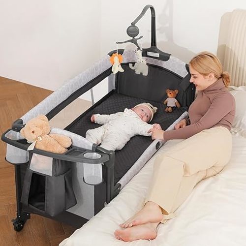 ELEMARA 4 in 1 Wide Baby Bassinet Bedside with Diaper Changer,Long Next to Bed Crib with Mattress,Sheet,Music and Blackout Cover,Playpen Travel Bed with Storage,XL Co Sleeper with 3 Adjustable Height
