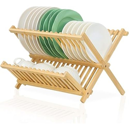 Bamboo Dish Drying Rack, Collapsible 2-Tier Dish Drainer Kitchen Plate Rack for Kitchen Countertop Foldable
