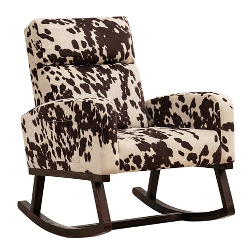 HOMYKA Nursery Rocking Chairs, Cow Printed Fabric Glider Chair Nursery Chair for Mom with High Backrest, Side Pocket and Extended Wood Legs for Bedroom Living Room, Cow