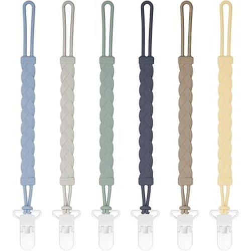 Pacifier Clips, 6-Pack Silicone Pacifier Holder Clip with Stylish Round Design, 100% Food Grade Silicone, Safe Essentials for Newborns Baby Boys and Girls