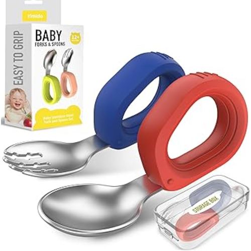 Toddler Utensils Baby Utensils Toddler Forks and Spoons Baby Forks and Spoons Set Kids Stainless Steel Silverware Set Children Safe Forks and Spoons self feedig-Dishwasher Safe(Red+Blue)