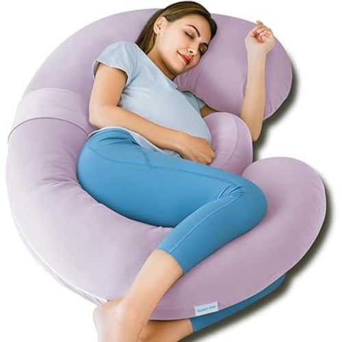 QUEEN ROSE Cooling Pregnancy Pillows,E Shaped Full Body Pillow for Sleeping, with Pregnancy Wedge Pillow for Belly Support, 60 Inch Maternity Pillow for Side Sleeper, Cooling Rayon Cover, Purple