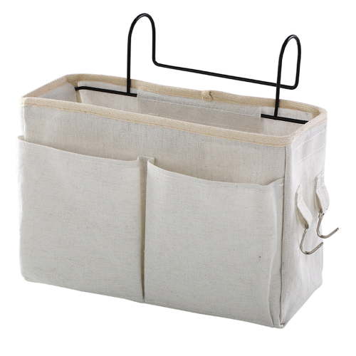 HZCrisp Bedside Caddy Organizer, Hanging Bedside Storage Basket with Large Pockets and Hooks, Canvas Multi-Function Organizer for Bunk Beds, Dorm Rooms, Hospital Beds – Beige