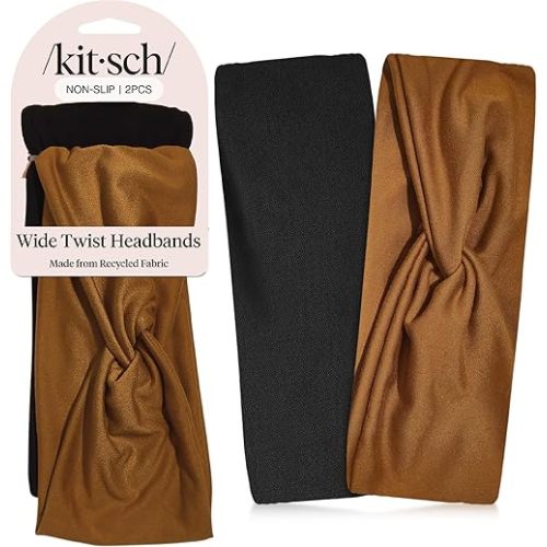 Kitsch Wide Headbands for Women Non Slip - Running Headbands for Girls, Ideal for Working Out, Yoga, Gym, or Lounging | Stretchy Head Bands | Fashion Hair Accessories - Black and Camel, 2pcs