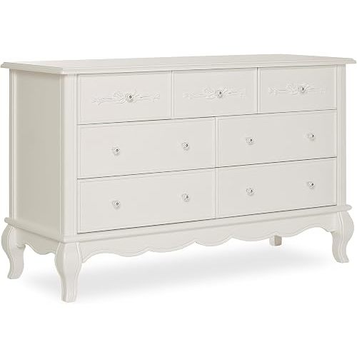 Evolur Aurora 7-Drawer Nursery Dresser – Ivory Lace | Assembled Double Dresser with Crystal Knobs, Queen Anne Legs, Large Storage for Baby Essentials