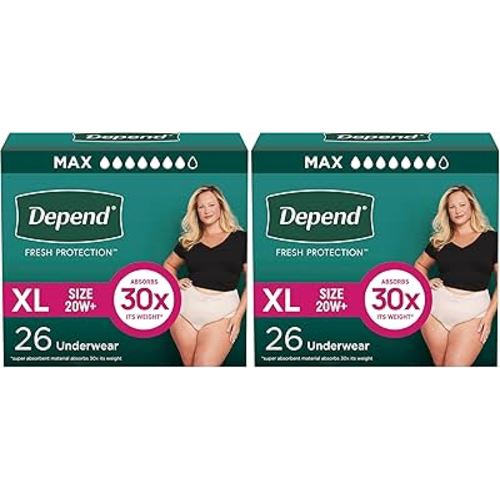 Depend Incontinence Underwear for Women, Extra-Large, 26 Count | Maximum Absorption | Disposable | Blush | Pack of 2