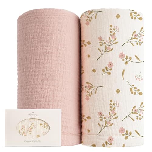 Konssy Muslin Swaddle Blankets, 100% Cotton Receiving Blankets, 47"x 47" | 2 Pack, Ultra Soft & Lightweight, Perfect for Receiving & Swaddling, Newborn to Toddler, Boys & Girls (Floral,Pink)