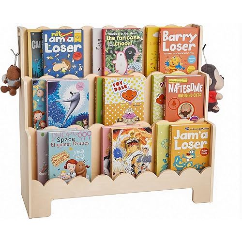 VEVOR 3-Tier Montessori Bookshelf, Scalloped Kids Bookcase, Wooden Book Shelf with 2 Dual Hooks, Daycare Furniture Display Bookshelf for Bedroom, Living Room, Entryway, Nursury, Preschool