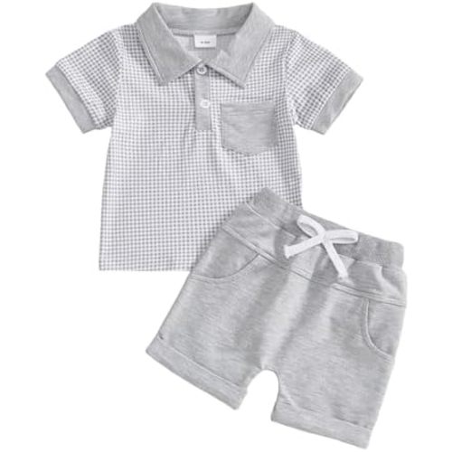 Toddler Baby Boy Summer Clothes Plaid Lapel Short Sleeve T-Shirt Top Shorts Sets Infant Outfit 6 12 18 24 Months