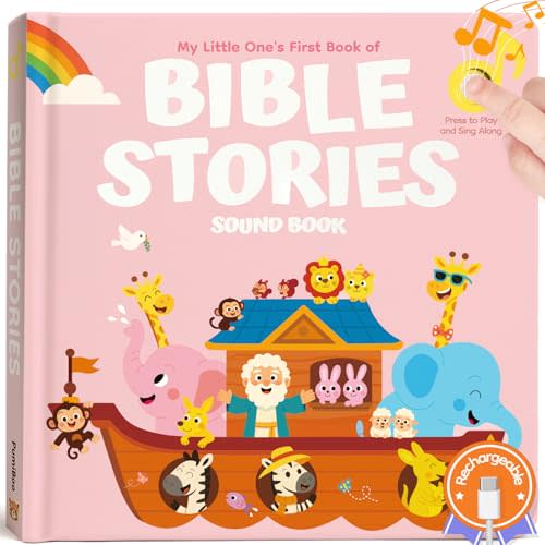 Bible Stories Christian Sound Books for Kids & Toddlers – 6 Christian Jesus Songs, Religious Christening and Baptism Gifts for Baby Girls, Rechargeable Music Song Books, Interactive Bible Toys