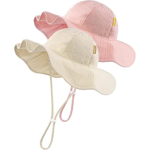 HONGTEYA Baby Sun Hat Muslin Sun Protection Toddler Bucket Hat Summer Beach Hats with Wide Brim for Girls Boys