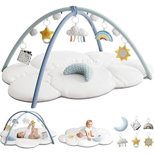 Oversized Baby Play Gym with Extra Thick Baby Play Mat – Cloud-Shaped Design, 5 Detachable Toys & Moon Pillow, Soft & Cushioned for Newborns, Promotes Sensory & Motor Development, Baby Essentials Gift