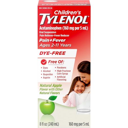Children's Tylenol Liquid Pain Relief & Fever Medicine, Acetaminophen Oral Suspension, Dye-Free, Aspirin-Free, Ibuprofen-Free, High Fructose Corn Syrup-Free; Natural Apple Flavor, 8 fl. oz