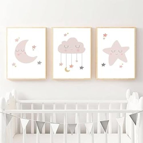 ZYRQART Nordic Moon Star Cloud Wall Art Poster Pink Girls Art Print poster Baby Nursery Canvas wall art Modern Pictures Kids Room Decor No Frame(16X24 Inch Unframed)