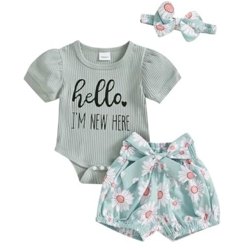 Hello Im New Here Newborn Outfit Girl Infant Premise Going Home Outfits Ribbed Romper Shorts Set Baby Summer Clothes