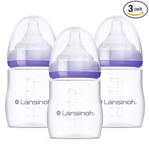 Lansinoh Anti-Colic Baby Bottles, BPA-Free Plastic, 5 Ounces, 3 Count, Slow Flow Nipples (Size S), Breastfeeding Bottle with NaturalWave Design