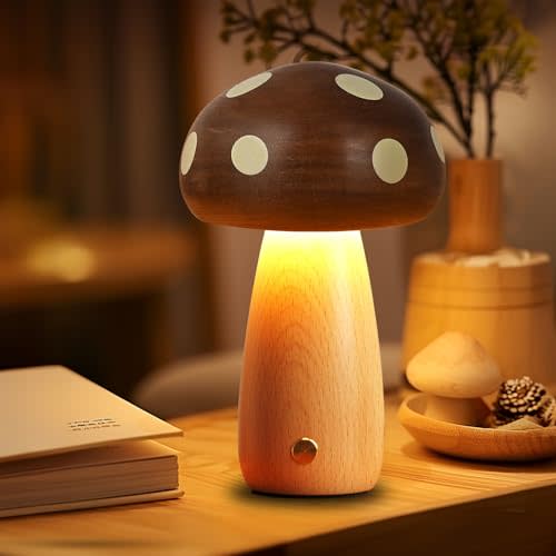 Richaa Wooden Mushroom Lamp - Rechargeable Touch Mushroom Night Light, Aesthetic Bedside Light Nature Decor Creative Gifts (Ebony + Beech)