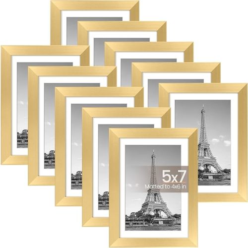 upsimples 5x7 Picture Frame Set of 10, Display Pictures 4x6 with Mat or 5x7 Without, Multi Photo Frames Collage for Wall or Tabletop Display, Gold