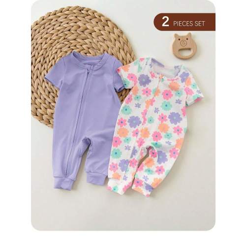 SHEIN 2pcs Set Newborn Baby Girls Cute Floral Knitted Short Sleeve Romper Print | SHEIN USA