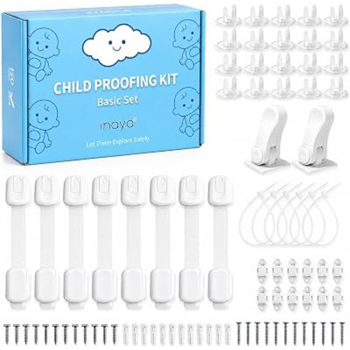 Inaya Baby Proofing Kit - Child Safety Hidden Locks for Cabinets & Drawers, Anti-tip Straps, Door Lever Locks and Outlet Covers - Baby Proof Pack to Keep Your Child Safe at Home