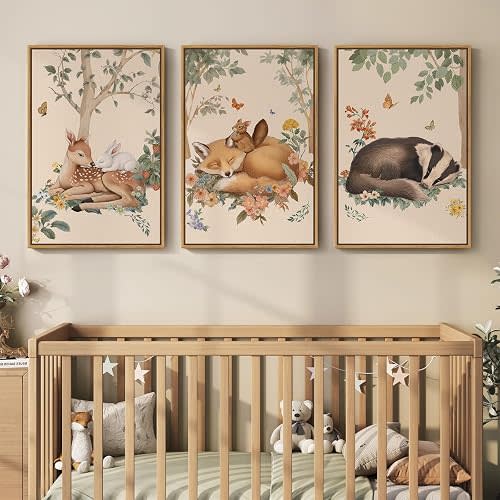 Framed Forest Animal Wall Art, 3 Piece Nature Whimsical Cottage Core Woodland Canvas Prints Pictures for Nursery Wall Decor, Neutral Deer Fox Artwork for Bedroom Kids Room Living Room Walls, 16x24 In