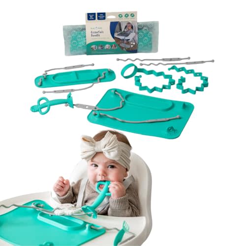 BUSY BABY Essentials Bundle New Parent Starter Kit - Suction Placemat, Mini Mat, Teether Spoon, Toy Bungee, Bottle Bungee, 6 Tether Straps, Wet Bag (Spearmint)