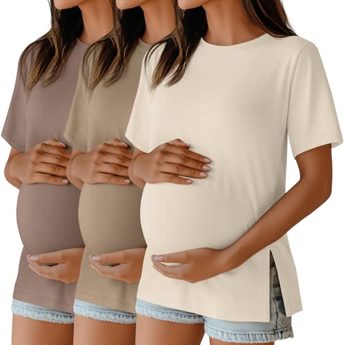 Ficerd 3 Pack Women's Maternity T Shirts, Short Sleeve Side Split Pregnancy Tops Casual Crew Neck Pregnant Tees Mama Clothes