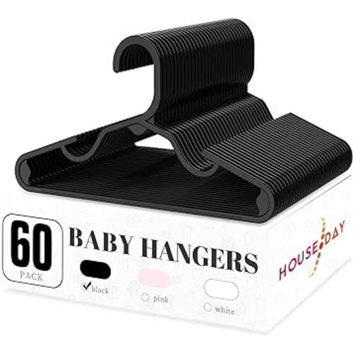 HOUSE DAY Plastic Baby Hangers for Closet 60 Pack, Durable Plastic Kids Hangers for Baby Clothes, Thin & Compact Childrens Hangers, Space Saving Black Baby Hangers, Small Hangers for Kids Clothes