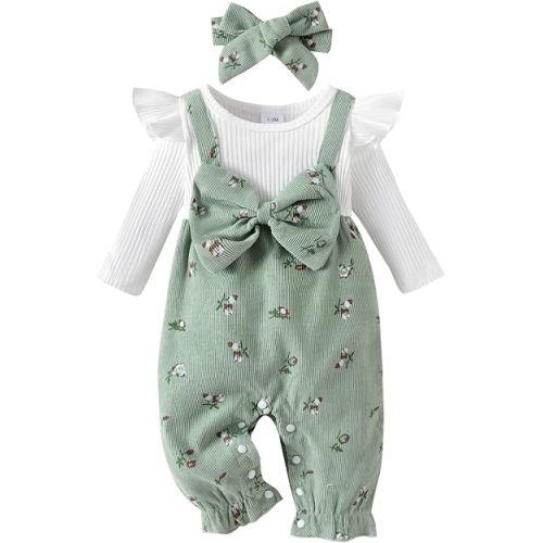 allshope Infant Baby Girl Fall Outfit Romper Floral Print Fake Two Pieces Patchwork Bow Jumpsuit Newborn Winter Clothes
