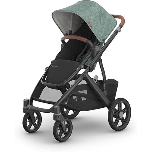 UPPAbaby Vista V3 Stroller - Full-Size Single-to-Double Stroller System - Toddler Seat, Bug Shield, Rain Shield, and Storage Bag Included - Gwen (Green Mélange/Carbon Frame/Saddle Leather)