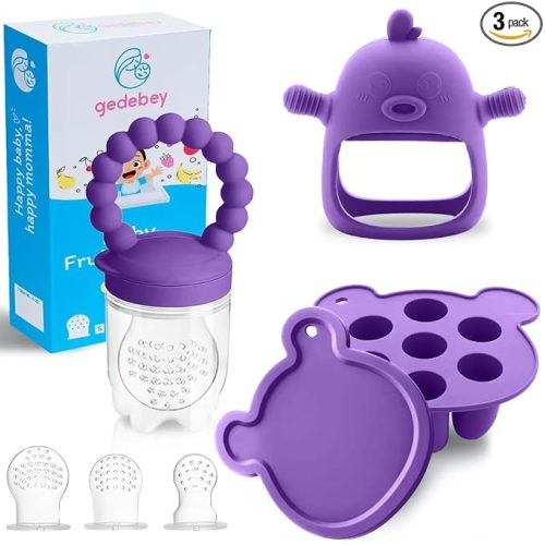 Baby Fruit Food Feeder Breastmilk Popsicle Molds for Teething Relief - 3 Pack Feeding Sets - 1 Freezer Tray with Lid & 1 Teether & 1 Silicone Pacifier + 3 Extra Sizes Infant Feed Mesh (Purple)