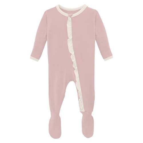 Layette Ruffle Footie with 2 Way Zipper in Baby Rose with Natural
