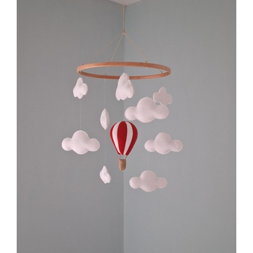 Hot Air Balloon Nursery Mobile White Clouds Hanging Decoration Red